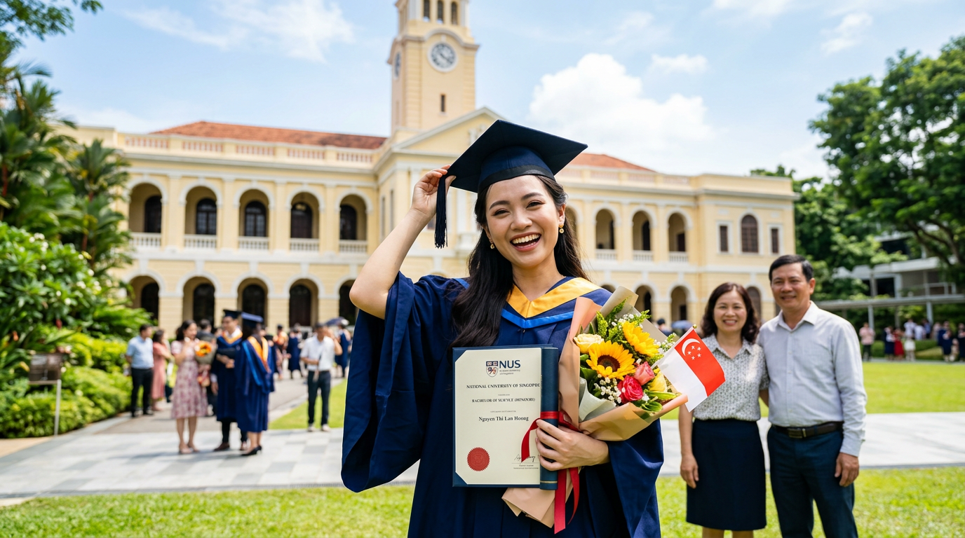 Sinh viên Việt Nam thành công tốt nghiệp từ trường đại học hàng đầu Singapore. - Tuyệt vời! Giải mã TOP 5 Trường Đại học Singapore Hàng Đầu: Lộ trình Du học Thành công.